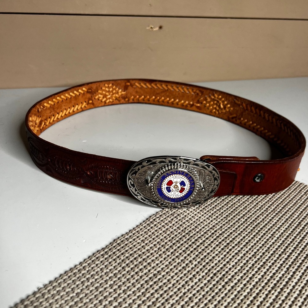 Vintage IAMAW 100th Anniversary Union Belt Buckle Brown‎ Tooled Leather Belt 34